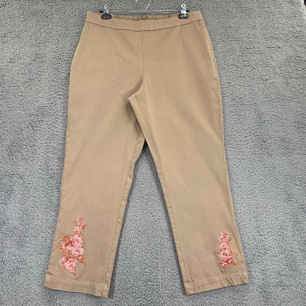 Isaac Mizrahi Live! Straight Leg Pants Women Size 14 Taupe Twill Floral A520142‎